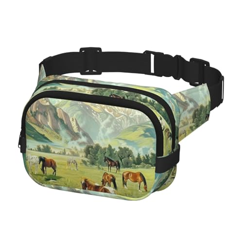Bauchtasche zum Laufen, Bauchtasche für Damen und Herren, Crossbody-Gürteltasche, Bauchtasche, Pferde im Feld mit Bergen, mehrfarbig, Einheitsgröße, Geldgürtel von Generisch