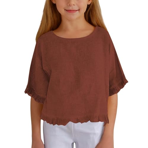 Baumwolle Leinen T Shirt Mädchen Baggy Halblange Ärmel Tshirt Teenager Sommer Coole Einfarbig Rundhals Top Mode Alltag Urlaub Kleidung Komfort Soft Klamotten (Brown, 15-16 Years) von Generisch