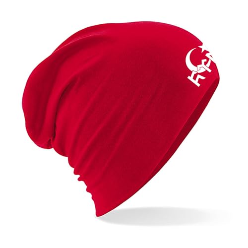 Beanie Mütze mit Göktürk Türk Bozkurt für Herren Damen und Kinder Unisex warm schwarz weiß rot Navyblau grau (DE/NL/SE/PL, Alphanumerisch, Einheitsgröße, Rot) von Generisch