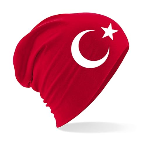 Beanie Mütze mit Türkei Flagge Türk Türkiye für Herren Damen und Kinder Unisex warm schwarz weiß rot (DE/NL/SE/PL, Alphanumerisch, Einheitsgröße, Rot) von Generisch