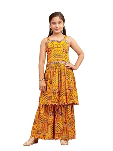 Bedrucktes ärmelloses Maxikleid für Mädchen, Gelb und Rot, Ethno-Kleidung, Spiegelspitze, Polyester, Kurti Sharara-Set,, gelb, 9-10 Years von Generisch