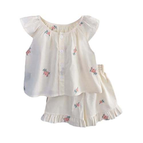 Beige Bekleidungssets Für Baby Mädchen 86 Baumwolle 2 Teiler Sommer Outfits Blumenmuster Shorts Und Weste Mit Rüschen Sommerurlaub Mode Casual Kinderkleidung Lässige Kleidung Freizeit Hosenanzug von Generisch