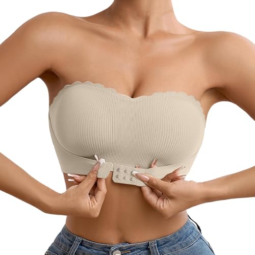 Beige Damen Trägerloser BH mit transparenten Trägern Front Buckle Push Up Bra Nahtloser Bandeau BH mit Rutschfestem Innenfutter Tube Top Starker Halt rutschfest Einfarbig Trägerloses Tops von Generisch