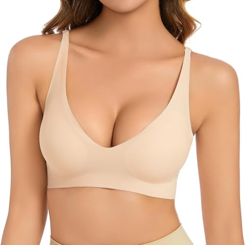 Beige Nahtloser BHS Damen Ohne BüGel Push Up BH - Damen GroßE BrüSte Starker Halt V-Ausschnitt BüGelloser BH Seamless Bequem Schlaf BHS Gepolstert Bralette T Shirt FüR Frauen S L M XL XXL 3XL von Generisch