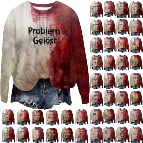 Beige Oversize Damen Problem Gelöst Sweatshirt I'm Fine Pullover Blood Halloween Kostüm Langarm Kapuzenpullover Oberteile Mit Blutigem Blutige Wunde Blut Verletzung Bedrucktes Sweater Streetwear XS von Generisch