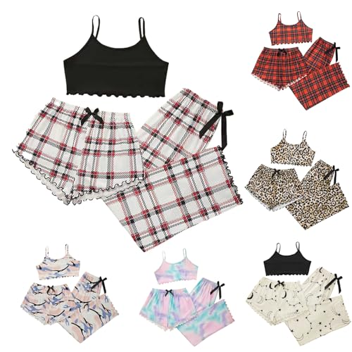 Bekleidung Damen Sale Schlafanzug Damen Lang Kuschelig Kurz Karierte Schlafhose Leopardenmuster 3-Teilig Pyjama Set Frauen Cami Pyjamahose Nachtwäsche Lounge Set Outfit Frauen Weihnachten Pyjamas von Generisch