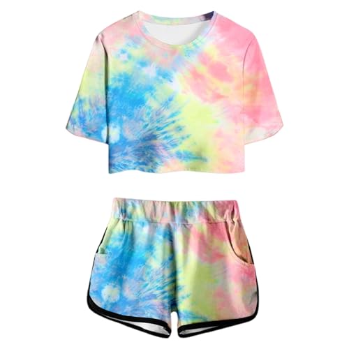 Bekleidungssets Für Mädchen 140 Zweiteiler Kinder Sommer Outfits bunt tie dye Kurze Hose Und T-Shirt Set Lässige Hosenanzug Casual Jogginganzug Sport 2 Piece Set Jogging Sportanzug von Generisch