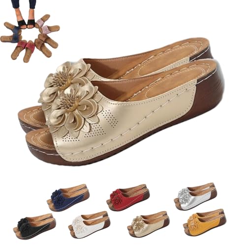 Bequeme, rutschfeste, einfarbige Sandalen mit offenem Zehenbereich, Keilabsatz für Damen, leger, orthopädische Schlupfschuhe, PU-Leder, Schlupfschuh, atmungsaktiv, Slides, gold, 40 EU Bequeme, rutschfeste, einfarbige Sandalen mit offenem Zehenbereich, Keilabsatz für Damen, leger, orthopädische Schlupfschuhe, PU-Leder, Schlupfschuh, atmungsaktiv, Slides, gold, 40 EU von Generisch