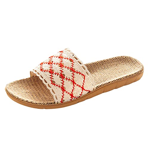 Bequeme Damen-Hausschuhe für den Sommer rutschfeste Sandalen mit Spitze Leinen für den Innenbereich (Red, 41) von Generisch