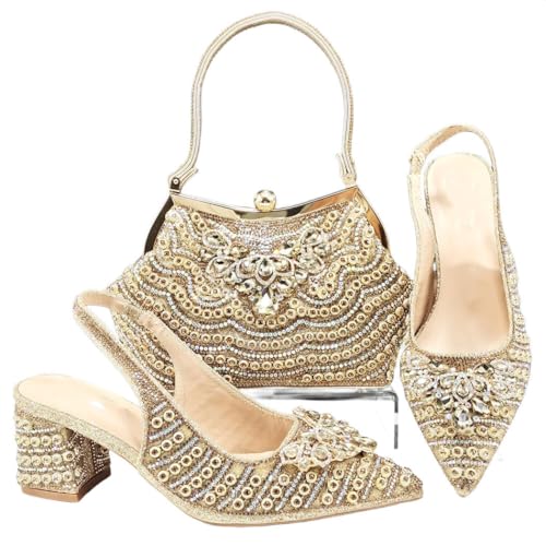 Bequeme Damen-Taschen mit spitzem Zehenbereich, mit Strasssteinen, stilvolles Design, gold, 42 EU von Generisch