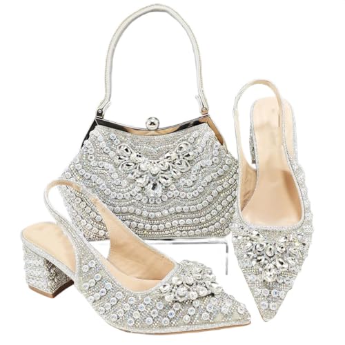Bequeme Damen-Taschen mit spitzem Zehenbereich, mit Strasssteinen, stilvolles Design, silberfarben, 40.5 EU von Generisch