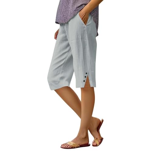 Bermuda-Shorts für Damen, Übergröße, Baumwoll-Leinen-Shorts, bequem, elastische Taille, Yoga, Workout, kurze Hose, lässig, zum Ausgehen, einfarbig, knielange Hose für den täglichen Gebrauch, grau, 3XL von Generisch