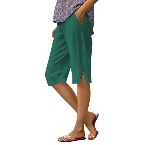Bermuda-Shorts für Damen, Übergröße, Baumwoll-Leinen-Shorts, bequem, elastische Taille, Yoga, Workout, kurze Hose, lässig, zum Ausgehen, einfarbig, knielange Hose für den täglichen Gebrauch, grün, 5XL von Generisch