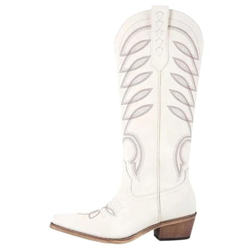 Bestickte Damenstiefel mit spitzem Zehenbereich und seitlichem Reißverschluss, kniehohes Design mit einem klobigen hohen Absatz für stilvolle Freizeit-Outfits, Cd250619c, 42.5 EU von Generisch
