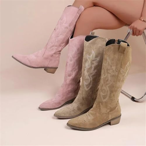 Bestickte Western-Kniehohe Stiefel für Damen mit spitzem Zehenbereich und dickem Mittelabsatz in lockerer Passform, PU-Leder, perfekt für einen modernen lässigen Stil, dunkelbraun, 38 EU von Generisch