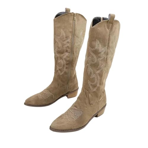 Bestickte Western-Kniehohe Stiefel für Damen mit spitzem Zehenbereich und dickem Mittelabsatz in lockerer Passform, PU-Leder, perfekt für einen modernen lässigen Stil, khaki, 41 EU von Generisch