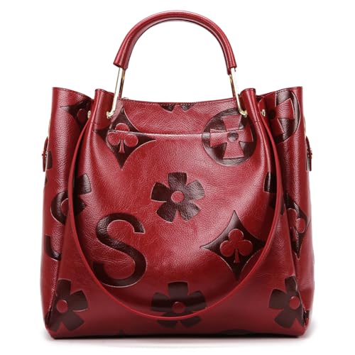 Beuteltasche aus PU-Leder, geprägt, große Kapazität, Schultertasche, Tragegriff oben, Crossbody-Tasche für Damen, Arbeit, Einkaufen, Reisen, weinrot, 370*250*50mm/14.43*9.75*1.95in von Generisch