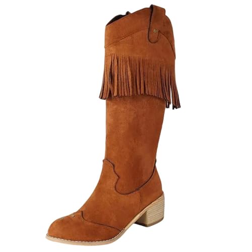 Big Size 44-46 Damen Wildleder kniehohe Stiefel mit runden Zehen Blockabsatz mit Quasten und Metalldetails für eleganten täglichen Gebrauch, gelb, 48 EU von Generisch