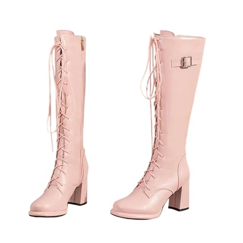 Big Size 48 Damen kniehohe Plateaustiefel mit klobigen High Heels runder Zehenpartie Schnürung und Reißverschluss für kantige und stilvolle Outfits, Pnnrk, 38.5 EU von Generisch