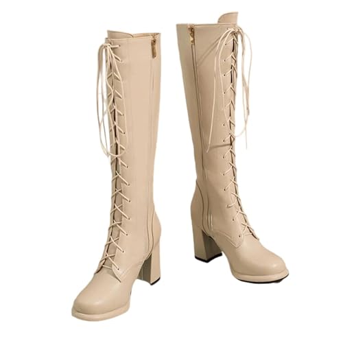 Big Size 48 Damen kniehohe Plateaustiefel mit klobigen High Heels runder Zehenpartie Schnürung und Reißverschluss für kantige und stilvolle Outfits, beige, 40.5 EU von Generisch