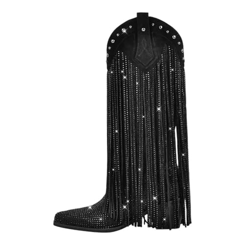 Big Size Damen Silber Strass Fransen kniehohe Stiefel mit spitzem Zehenbereich und hohem Blockabsatz Pull-on Design für Statement-Party-Outfits, Cd240516a, 42.5 EU von Generisch