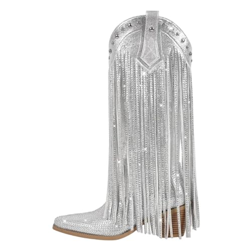 Big Size Damen Silber Strass Fransen kniehohe Stiefel mit spitzem Zehenbereich und hohem Blockabsatz Pull-on Design für Statement-Party-Outfits, Cd240516b, 43 EU von Generisch