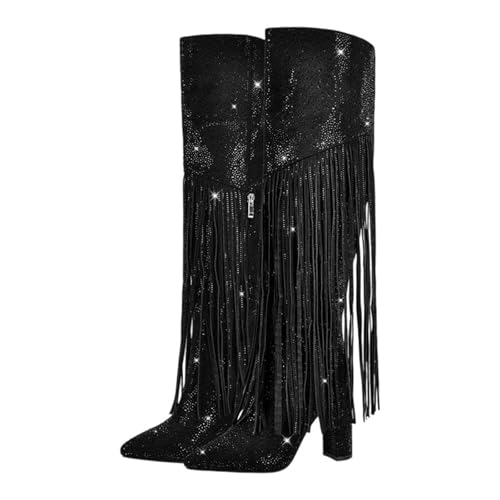 Big Size Damen Strass Fransen kniehohe Stiefel mit spitzem Zehenbereich und hohem Blockabsatz Pailletten Reißverschluss-Design für glamouröse, Cd230633b, 43 EU von Generisch