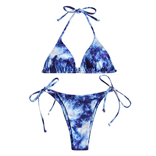 Bikini Badeanzug Damen Seitlicher Schnürung Tanga Bikini Verstellbare Retro Batik Bademode Triangel String Neckholder Bikinioberteil Zweiteiler Swimsuit mit Dreieck Cup Spaghetti-Träger(Blau, M) von Generisch