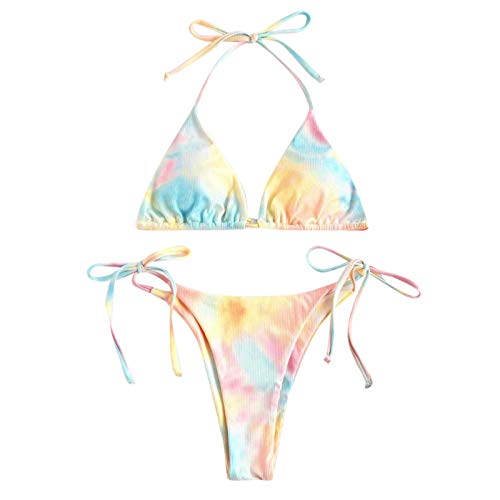 Bikini Badeanzug Damen Seitlicher Schnürung Tanga Bikini Verstellbare Retro Batik Bademode Triangel String Neckholder Bikinioberteil Zweiteiler Swimsuit mit Dreieck Cup Spaghetti-Träger(Gelb, L) von Generisch