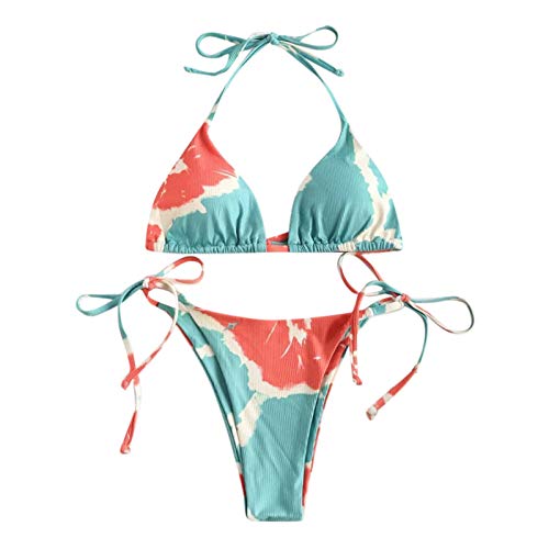 Bikini Badeanzug Damen Seitlicher Schnürung Tanga Bikini Verstellbare Retro Batik Bademode Triangel String Neckholder Bikinioberteil Zweiteiler Swimsuit mit Dreieck Cup Spaghetti-Träger(Grün, S) von Generisch