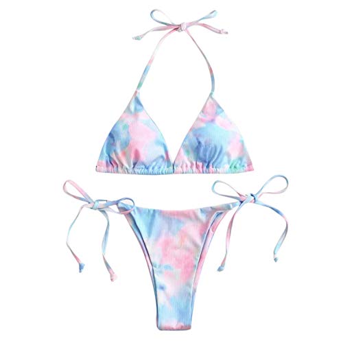 Bikini Badeanzug Damen Seitlicher Schnürung Tanga Bikini Verstellbare Retro Batik Bademode Triangel String Neckholder Bikinioberteil Zweiteiler Swimsuit mit Dreieck Cup Spaghetti-Träger(Lila, M) von Generisch