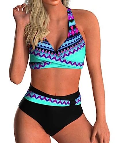 Bikini Damen Bauchweg Große Brüste Badeanzug High Waist Push Up Bikinis für Damen V Ausschnitt überkreuztes Blumenmuster Bademode Bauchkontrolle Bikini Zweiteilige Bademode Swimsuit von Generisch