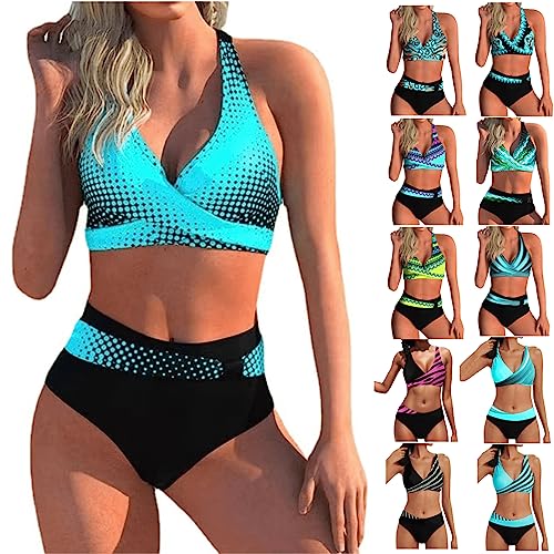 Bikini Damen Bauchweg Große Brüste Badeanzug High Waist Push Up Bikinis für Damen V Ausschnitt überkreuztes Blumenmuster Bademode Bauchkontrolle Bikini Zweiteilige Bademode Swimsuit von Generisch