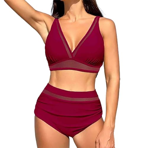 Bikini Damen Bauchweg Push Up Badeanzug Damen Bauch Weg mit Netz Bademode High Waist 2 Teiler Triangel Bikinis Frauen Set V Ausschnitt Bikini-Sets Verstellbare Träger Swimsuits Zweiteilig von Generisch