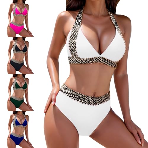 Bikini Damen Set, Bauchweg Große Brüste Badeanzug Zweiteilig Gepolstert Streifen Push Up Neckholder Bikinis für Damen Bademode Bauchkontrolle Hohe Taill Strandbikini Triangel Breite Einfarbig Swimsuit von Generisch