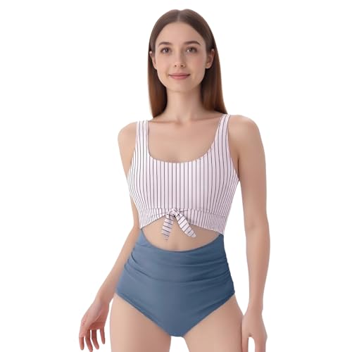 Bikini Damen Set 2025 High Waist Bauchweg Badeanzug Große Brüste Push Up Bademode Einteiler Farbblock Swimsuit für Frauen (DE/NL/SE/PL, Alphanumerisch, XXL, Regular, Regular, Gestreift) von Generisch