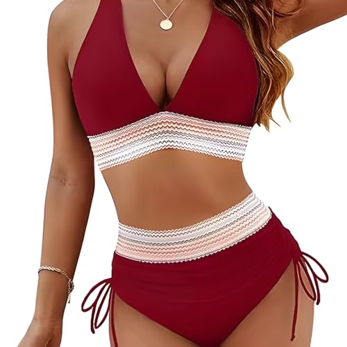 Bikini Damen Set 2025 Neu High Waist Bikini Sexy V-Ausschnitt Triangel Badeanzug Farbblock Zweiteiliger Bauchweg Badeanzug (DE/NL/SE/PL, Alphanumerisch, L, Regular, Regular, Rot) von Generisch