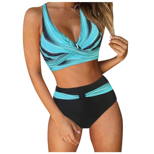 Generisch Bikini Damen Set Push Up High Waist Bauchweg Retro Bikinis für Damen mit V-Ausschnitt und Blumenmuster Zweiteiliger Cross Back Bademode Bauchkontrolle Bikini Sets Swimsuit Strandbikini von Generisch