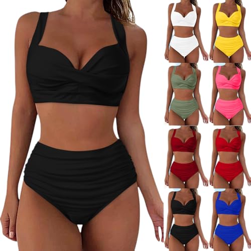 Bikini Damen Set Bauchweg Zweiteilige Badeanzüge Twist Front Sexy Push Up Oberteil Mit Badeshorts Hoher Taille Schwarz Schwimmanzug Vintage Badeanzug mit Plissiert Bikini-Sets (01 Schwarz, M) von Generisch