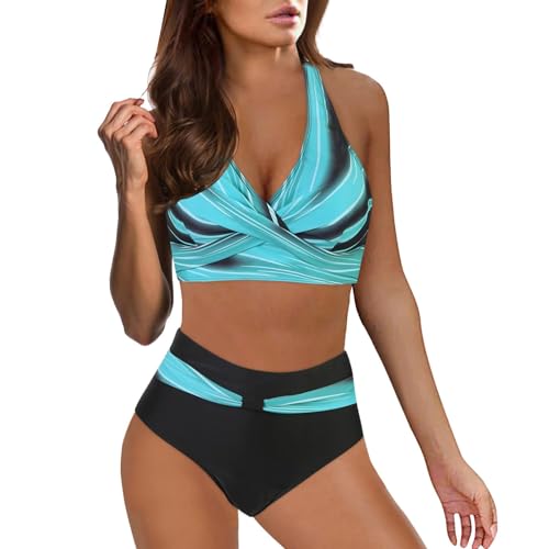 Bikini Damen Set High Waist Bauchweg Bauchkontrolle Crossover Oberteil Große Brüste Blumenmuster Zweiteiliger Badeanzug Push Up Bikini-Sets Sport Bademode für Frauen von Generisch