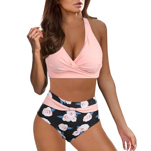 Bikini Damen Set High Waist Bauchweg Bauchkontrolle Crossover Oberteil Große Brüste Blumenmuster Zweiteiliger Badeanzug Push Up Bikini-Sets Sport Bademode für Frauen von Generisch