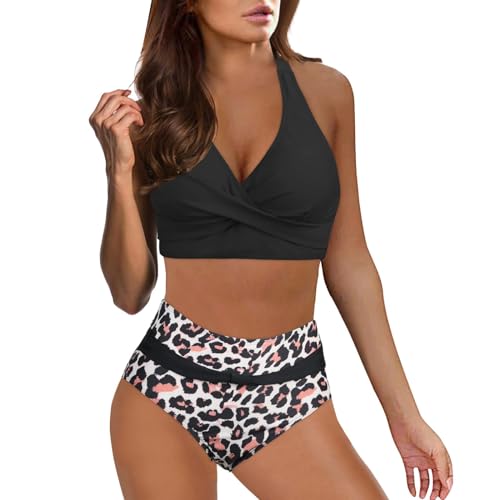 Bikini Damen Set High Waist Bauchweg Bauchkontrolle Crossover Oberteil Große Brüste Blumenmuster Zweiteiliger Badeanzug Push Up Bikini-Sets Sport Bademode für Frauen von Generisch