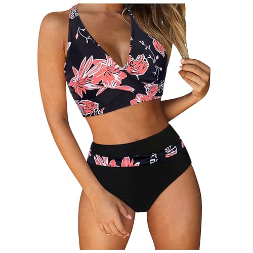 Bikini Damen Set High Waist Bauchweg Bauchkontrolle Crossover Oberteil Große Brüste Blumenmuster Zweiteiliger Badeanzug Push Up Bikini-Sets Sport Bademode für Frauen von Generisch