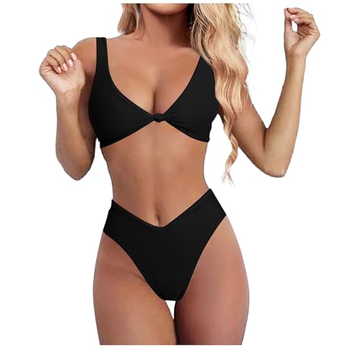 Bikini Damen Set High Waist Bunte Streifen Bikinis Bademode Breite Träger Zweiteiliger Badeanzug Swimsuit V Ausschnitt Lace Up Bademode Bademode Push Up Wickeloptik Lace Up Bikini Top für Sommer von Generisch