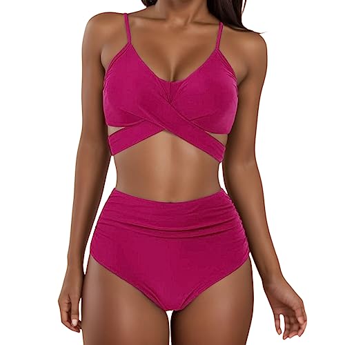 Bikini Damen Set Push Up Sexy V Ausschnitt Große Brüste Bademode Bauchweg Zweiteiler Damen Sommer High Waist Bikini Teenager Mädchen überkreuztes Blumenmuster Bikini-Sets Swimsuit von Generisch