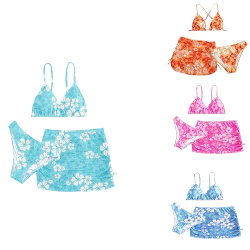 Bikini MäDchen Set 3Er Bikini Top Mit Triangel Bikinihose Und RüSchen Rock Kinder Blumen Schultergurt Tankini Teenager 3 teiliges Sommer Strand Bademode mit Brustpolstern 6-15 Jahre von Generisch