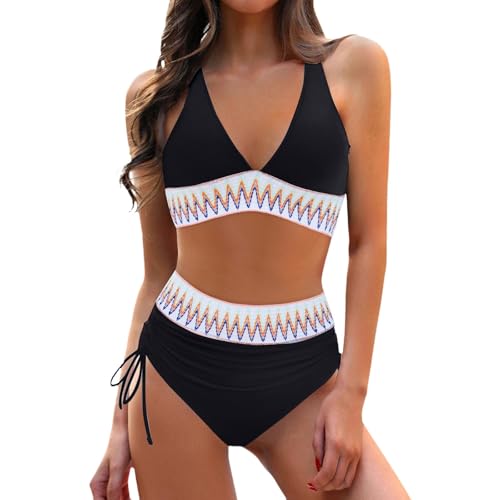 Bikini-Sets Für Damen Mit Bügel - Strand Krawatte Zweiteilig Kreuz Rücken Strand Midi Zweiteilig Hochtaillierte Wickel-Krawatte Großbrüstig Push Up Gerippte Bademode Gestreifte von Generisch