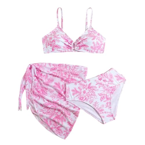 Bikini Teenager Mädchen Badeanzug Kinder Einfarbig Rüsche Floral Badebekleidung Set mit Modischem Druck Tankini-Set Top 3 Teiliges Triangel Bikinihose Rüschen Rock Bikini-Sets 9–16 Jahre von Generisch