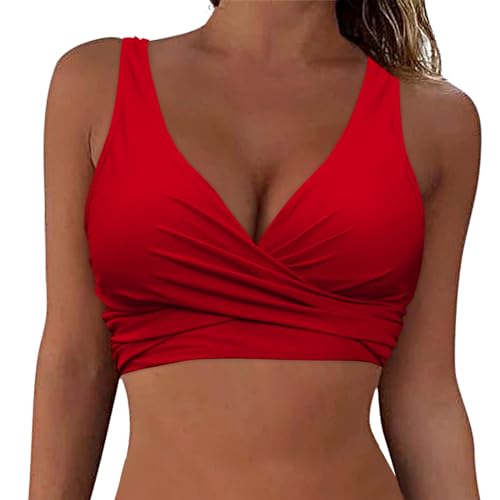 Bikinioberteile für Damen Überkreuzte Push up Badeanzüge sexy V Ausschnitt Bikinioberteile BH mit Herausnehmbarer Polsterung und Verstellbaren Trägern (Rot, M) von Generisch