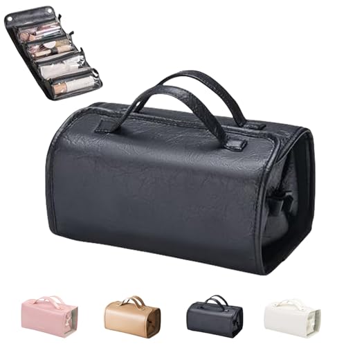 Binozinco Kosmetiktasche, Leder, wasserdicht, aufrollbar, Reise-Kosmetiktasche, abnehmbare 4-in-1-Make-up-Tasche mit Fach, Reise-Kulturbeutel für Damen, Schwarz , Trend von Generisch